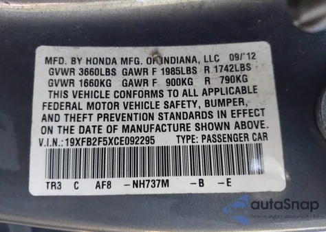 2012 Honda Civic Lx from USA, damaged, VIN 19XFB2F5XCE092295